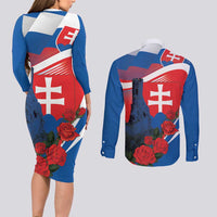 Slovakia Independence Day Couples Matching Long Sleeve Bodycon Dress and Long Sleeve Button Shirt Devín Castle Nad Tatrou sa blyska