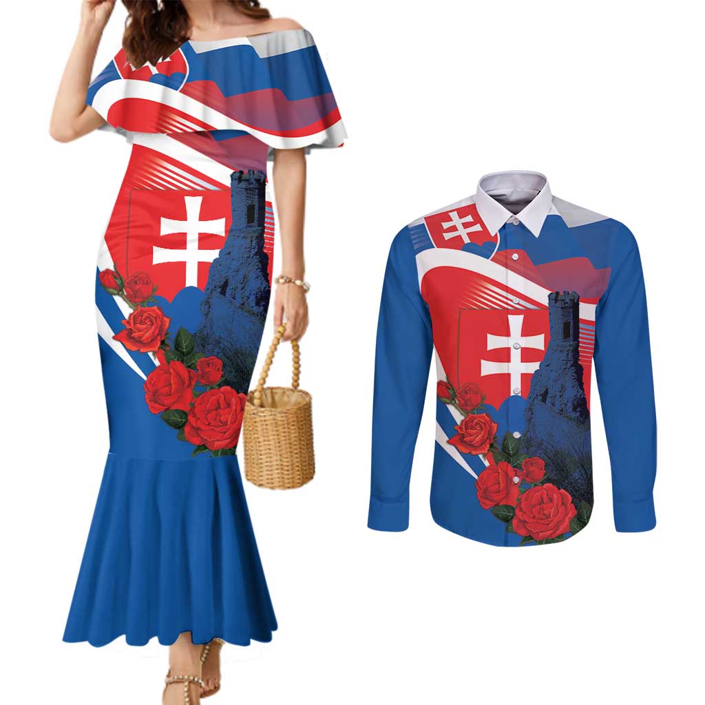 Slovakia Independence Day Couples Matching Mermaid Dress and Long Sleeve Button Shirt Devín Castle Nad Tatrou sa blyska
