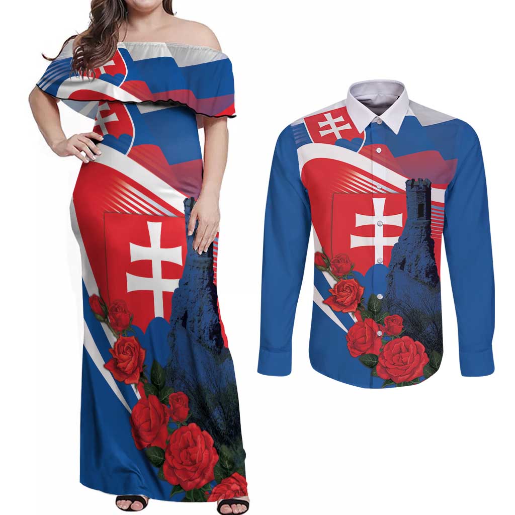 Slovakia Independence Day Couples Matching Off Shoulder Maxi Dress and Long Sleeve Button Shirt Devín Castle Nad Tatrou sa blyska