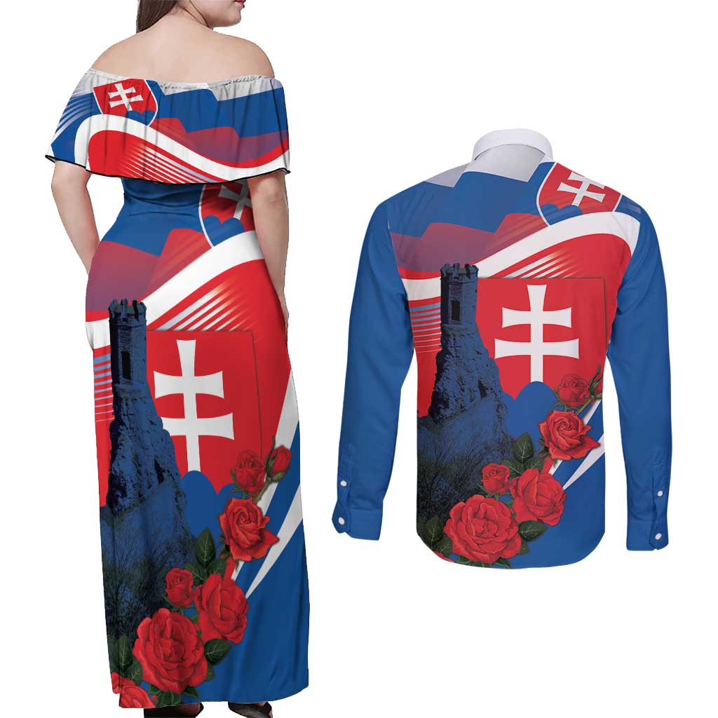 Slovakia Independence Day Couples Matching Off Shoulder Maxi Dress and Long Sleeve Button Shirt Devín Castle Nad Tatrou sa blyska