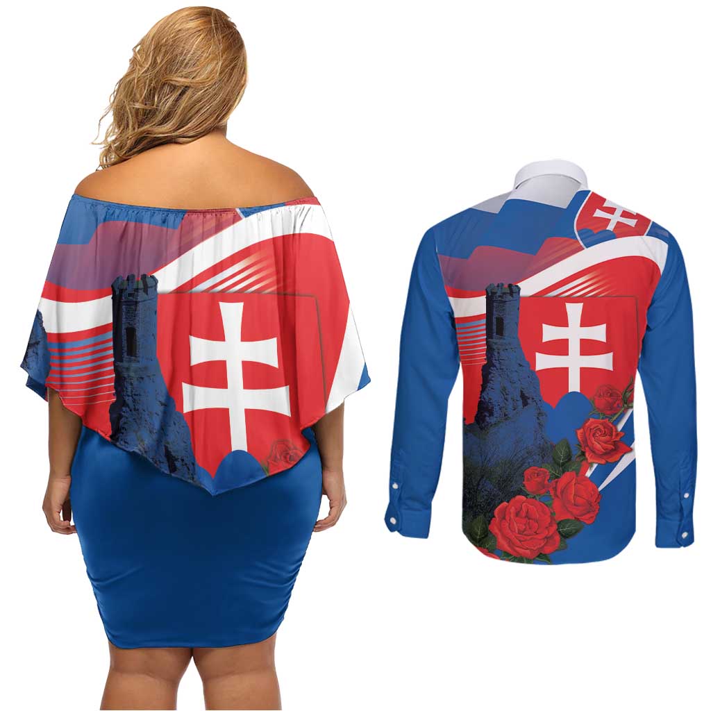 Slovakia Independence Day Couples Matching Off Shoulder Short Dress and Long Sleeve Button Shirt Devín Castle Nad Tatrou sa blyska