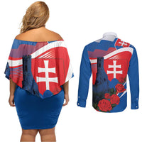 Slovakia Independence Day Couples Matching Off Shoulder Short Dress and Long Sleeve Button Shirt Devín Castle Nad Tatrou sa blyska