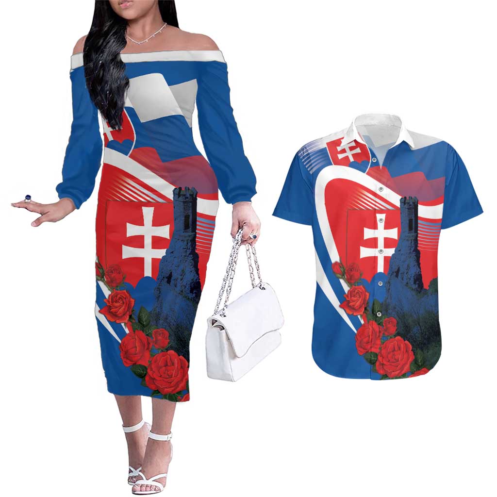 Slovakia Independence Day Couples Matching Off The Shoulder Long Sleeve Dress and Hawaiian Shirt Devín Castle Nad Tatrou sa blyska