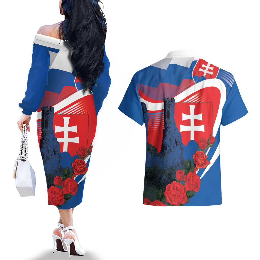 Slovakia Independence Day Couples Matching Off The Shoulder Long Sleeve Dress and Hawaiian Shirt Devín Castle Nad Tatrou sa blyska