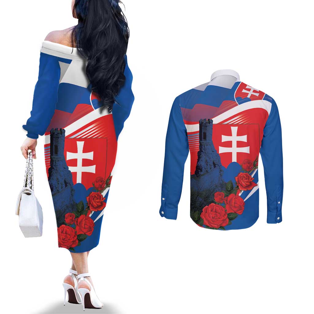 Slovakia Independence Day Couples Matching Off The Shoulder Long Sleeve Dress and Long Sleeve Button Shirt Devín Castle Nad Tatrou sa blyska