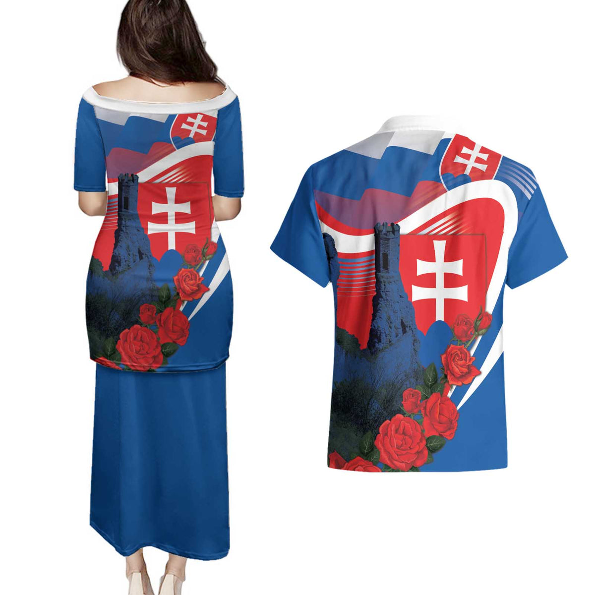 Slovakia Independence Day Couples Matching Puletasi and Hawaiian Shirt Devín Castle Nad Tatrou sa blyska