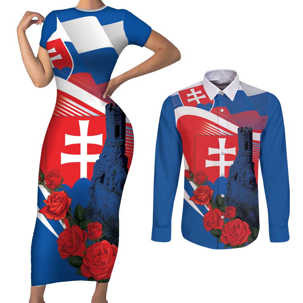 Slovakia Independence Day Couples Matching Short Sleeve Bodycon Dress and Long Sleeve Button Shirt Devín Castle Nad Tatrou sa blyska