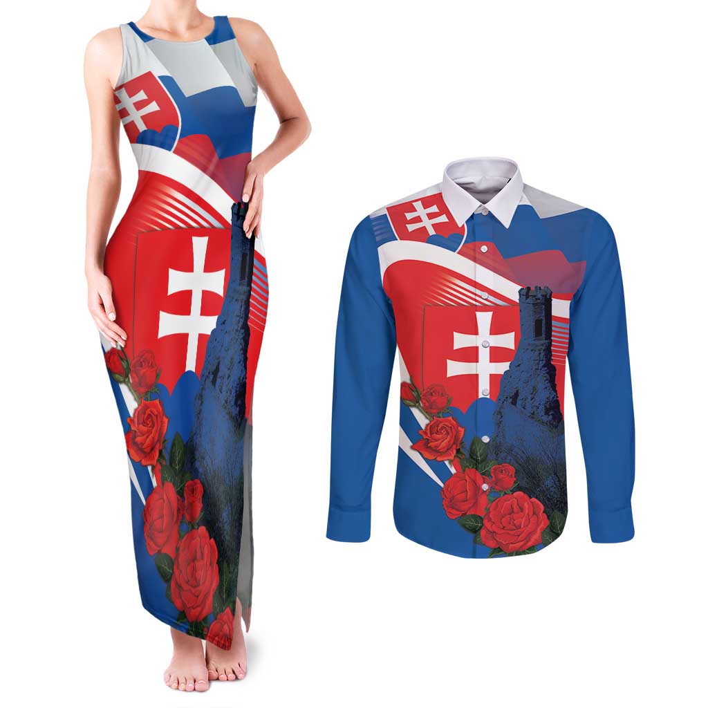 Slovakia Independence Day Couples Matching Tank Maxi Dress and Long Sleeve Button Shirt Devín Castle Nad Tatrou sa blyska