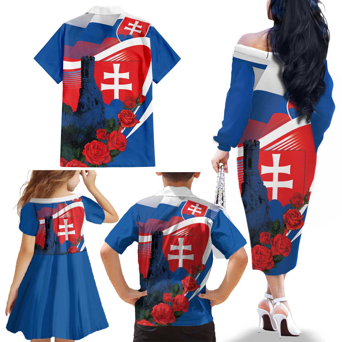 Slovakia Independence Day Family Matching Off The Shoulder Long Sleeve Dress and Hawaiian Shirt Devín Castle Nad Tatrou sa blyska