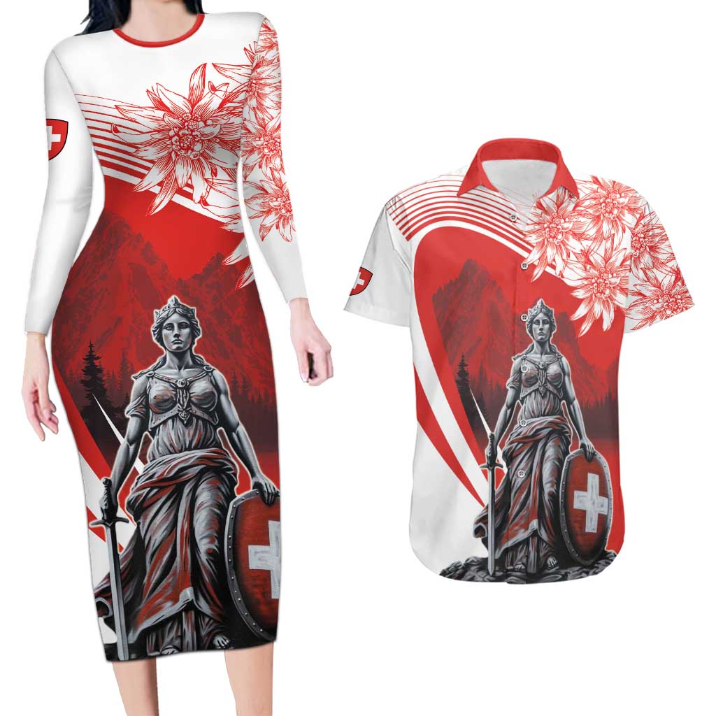Switzerland Swiss National Day Couples Matching Long Sleeve Bodycon Dress and Hawaiian Shirt Helvetia Matterhorn