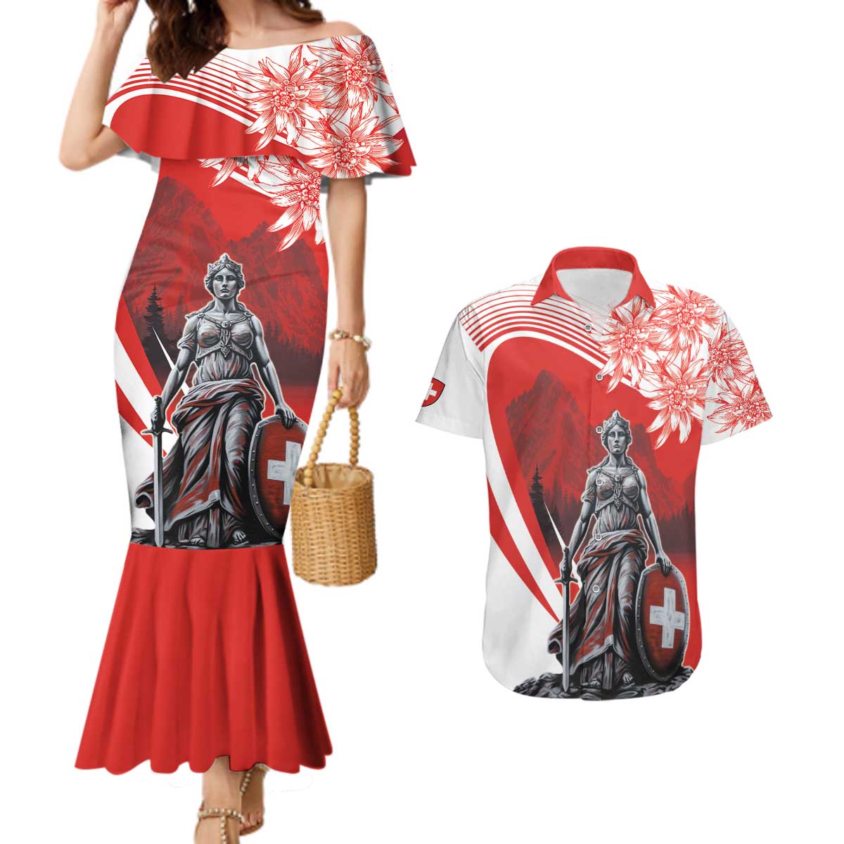 Switzerland Swiss National Day Couples Matching Mermaid Dress and Hawaiian Shirt Helvetia Matterhorn