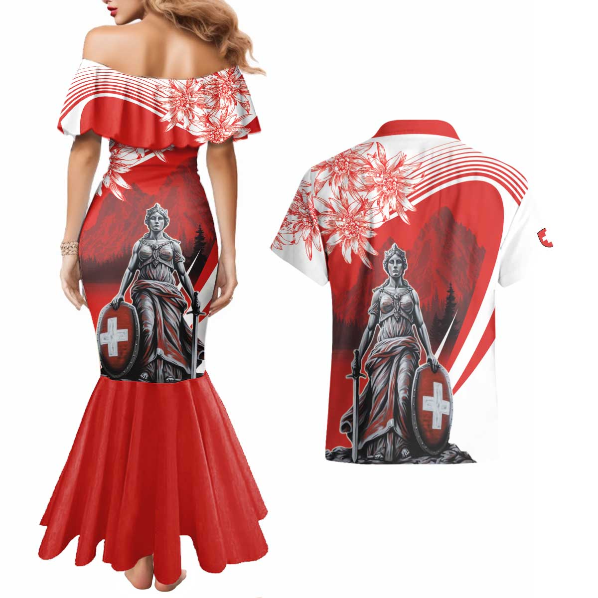 Switzerland Swiss National Day Couples Matching Mermaid Dress and Hawaiian Shirt Helvetia Matterhorn