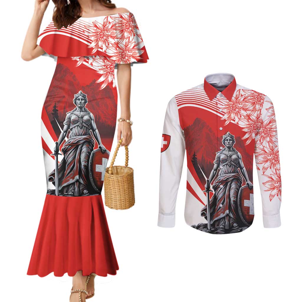 Switzerland Swiss National Day Couples Matching Mermaid Dress and Long Sleeve Button Shirt Helvetia Matterhorn