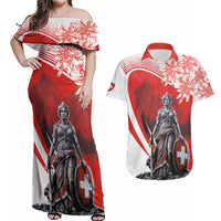 Switzerland Swiss National Day Couples Matching Off Shoulder Maxi Dress and Hawaiian Shirt Helvetia Matterhorn