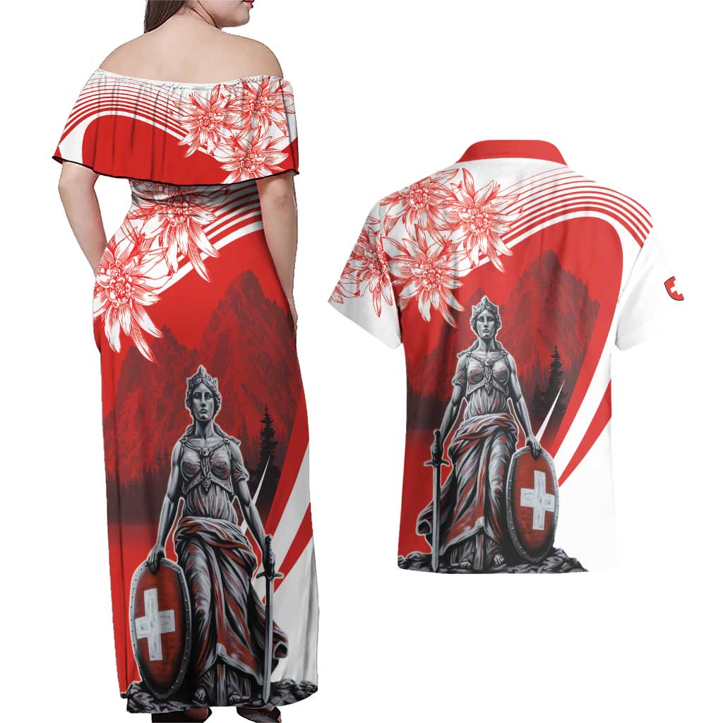 Switzerland Swiss National Day Couples Matching Off Shoulder Maxi Dress and Hawaiian Shirt Helvetia Matterhorn