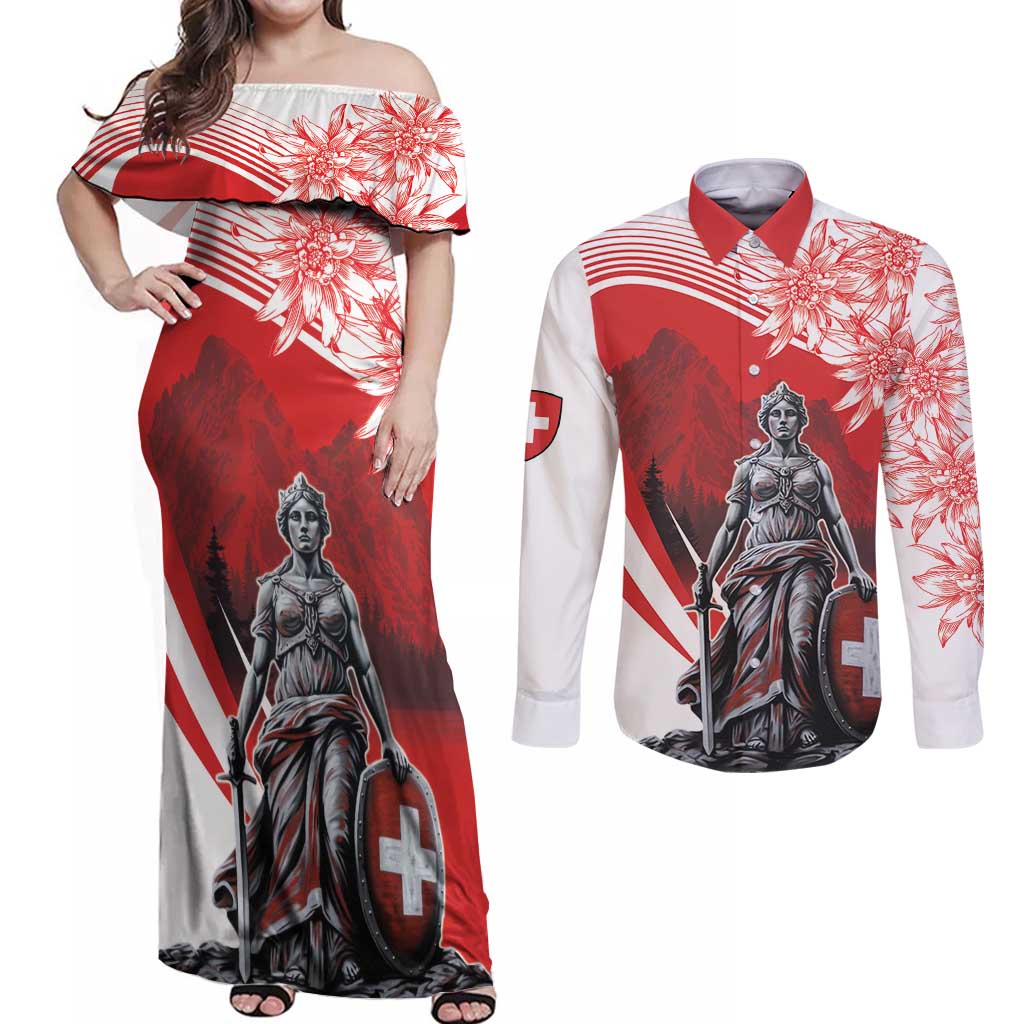 Switzerland Swiss National Day Couples Matching Off Shoulder Maxi Dress and Long Sleeve Button Shirt Helvetia Matterhorn