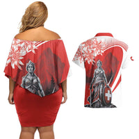 Switzerland Swiss National Day Couples Matching Off Shoulder Short Dress and Hawaiian Shirt Helvetia Matterhorn