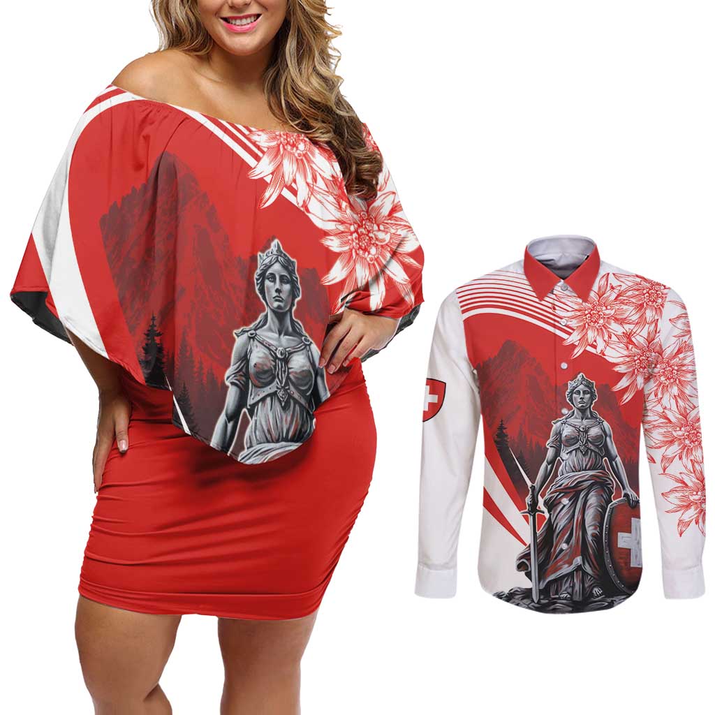 Switzerland Swiss National Day Couples Matching Off Shoulder Short Dress and Long Sleeve Button Shirt Helvetia Matterhorn