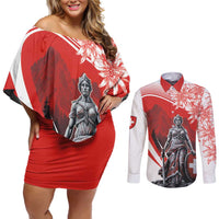 Switzerland Swiss National Day Couples Matching Off Shoulder Short Dress and Long Sleeve Button Shirt Helvetia Matterhorn
