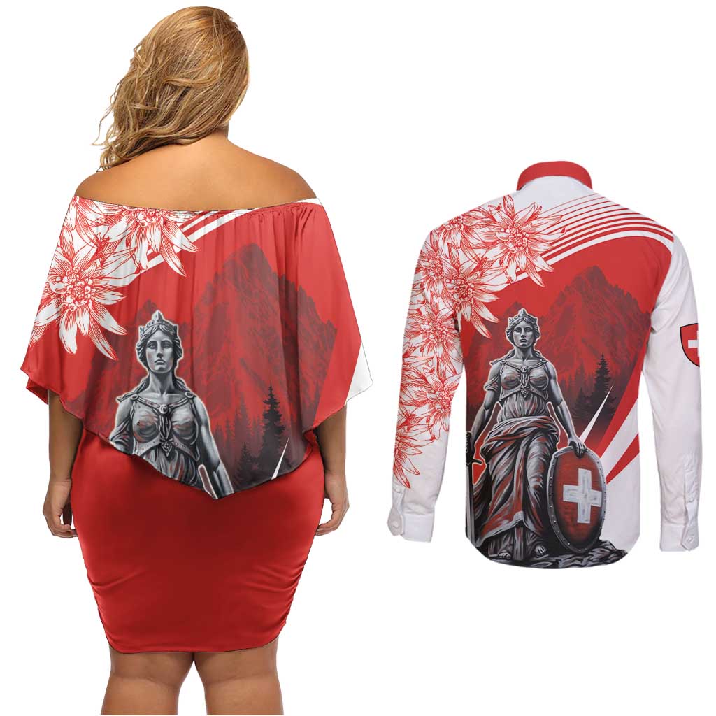Switzerland Swiss National Day Couples Matching Off Shoulder Short Dress and Long Sleeve Button Shirt Helvetia Matterhorn