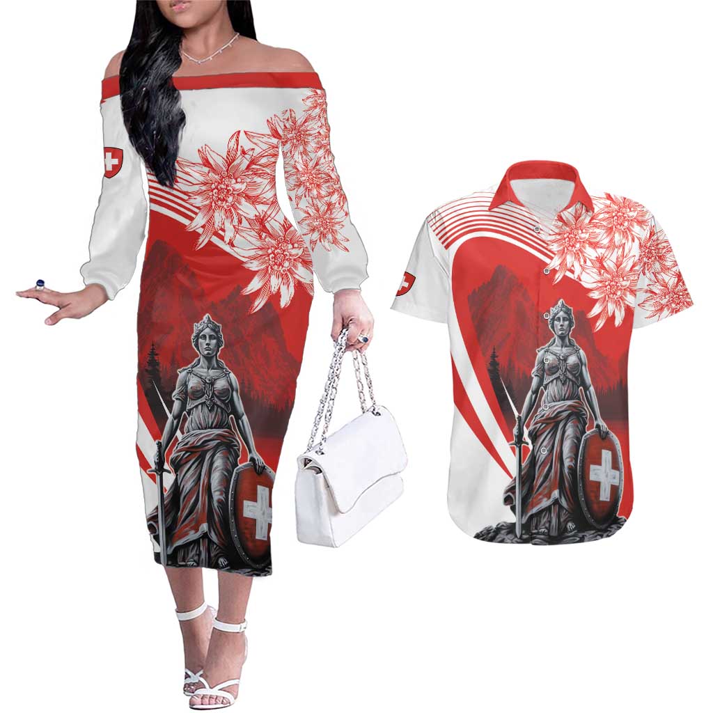 Switzerland Swiss National Day Couples Matching Off The Shoulder Long Sleeve Dress and Hawaiian Shirt Helvetia Matterhorn