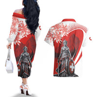 Switzerland Swiss National Day Couples Matching Off The Shoulder Long Sleeve Dress and Hawaiian Shirt Helvetia Matterhorn