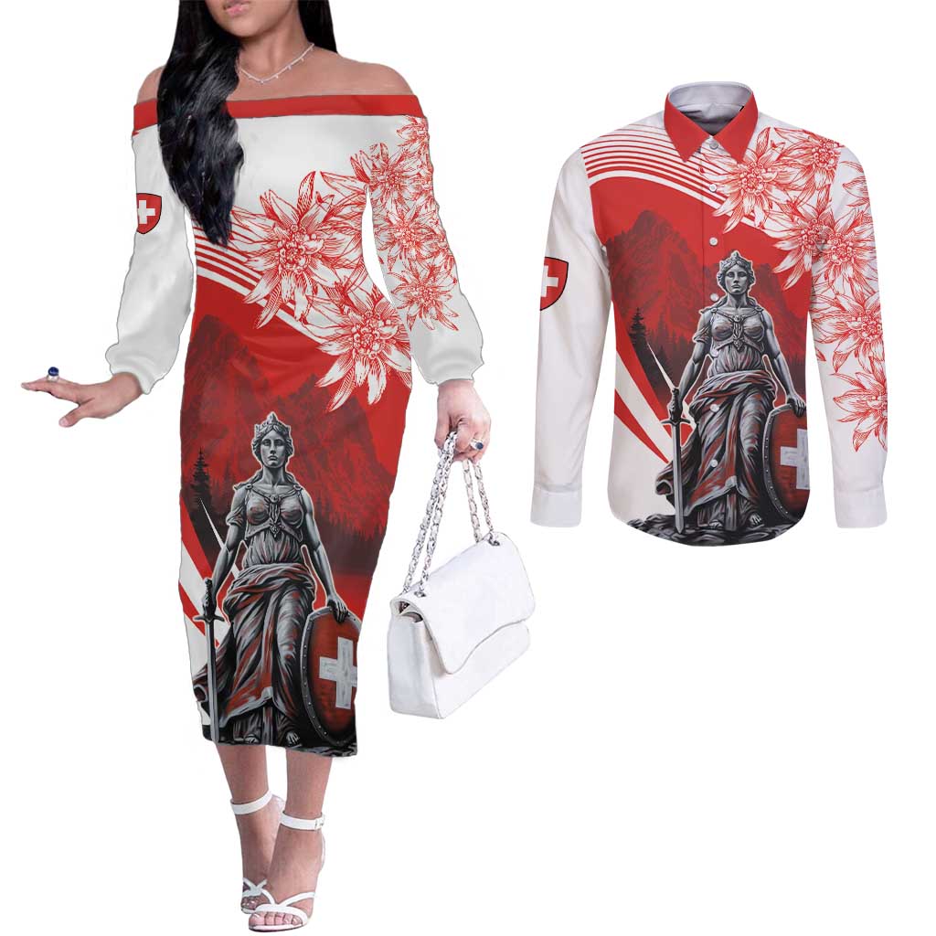 Switzerland Swiss National Day Couples Matching Off The Shoulder Long Sleeve Dress and Long Sleeve Button Shirt Helvetia Matterhorn