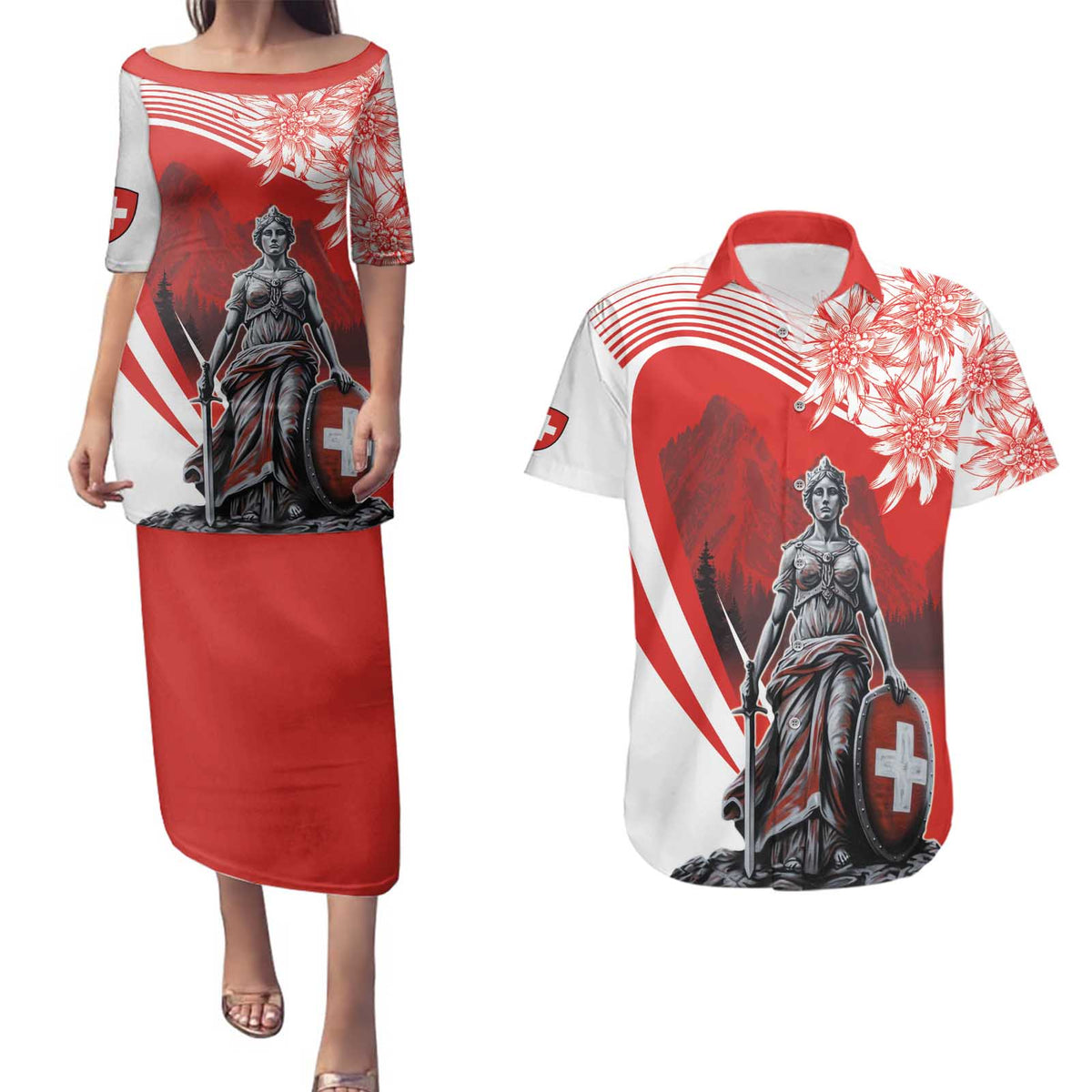 Switzerland Swiss National Day Couples Matching Puletasi and Hawaiian Shirt Helvetia Matterhorn