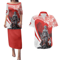 Switzerland Swiss National Day Couples Matching Puletasi and Hawaiian Shirt Helvetia Matterhorn