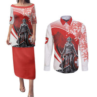 Switzerland Swiss National Day Couples Matching Puletasi and Long Sleeve Button Shirt Helvetia Matterhorn