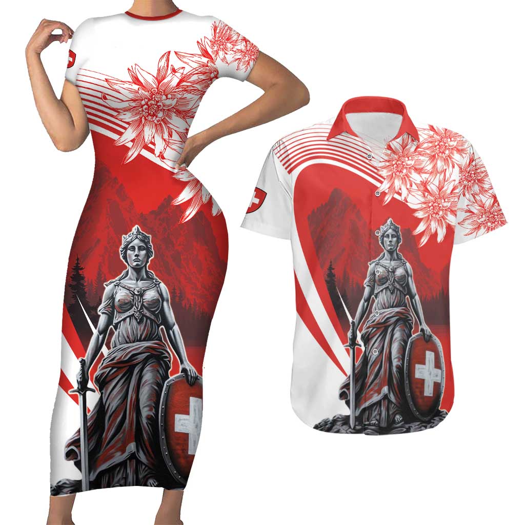 Switzerland Swiss National Day Couples Matching Short Sleeve Bodycon Dress and Hawaiian Shirt Helvetia Matterhorn