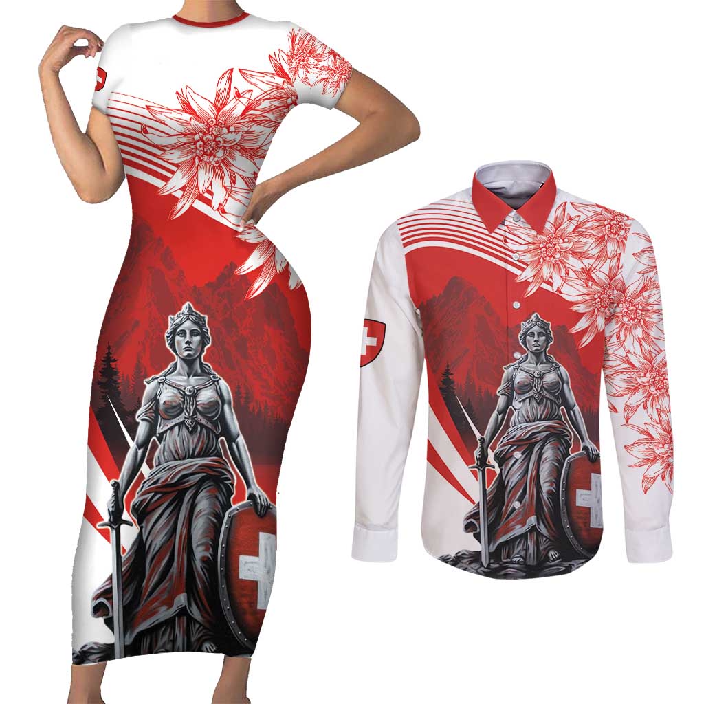 Switzerland Swiss National Day Couples Matching Short Sleeve Bodycon Dress and Long Sleeve Button Shirt Helvetia Matterhorn