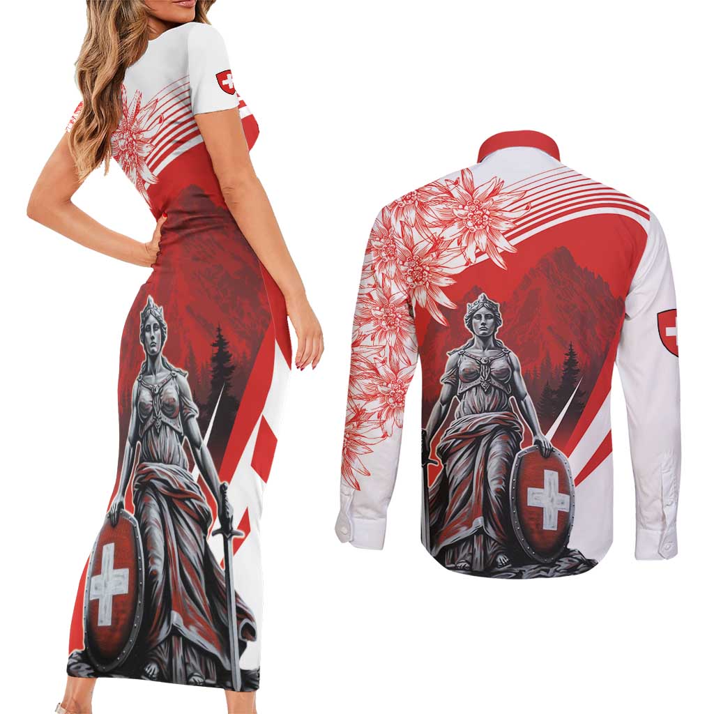 Switzerland Swiss National Day Couples Matching Short Sleeve Bodycon Dress and Long Sleeve Button Shirt Helvetia Matterhorn