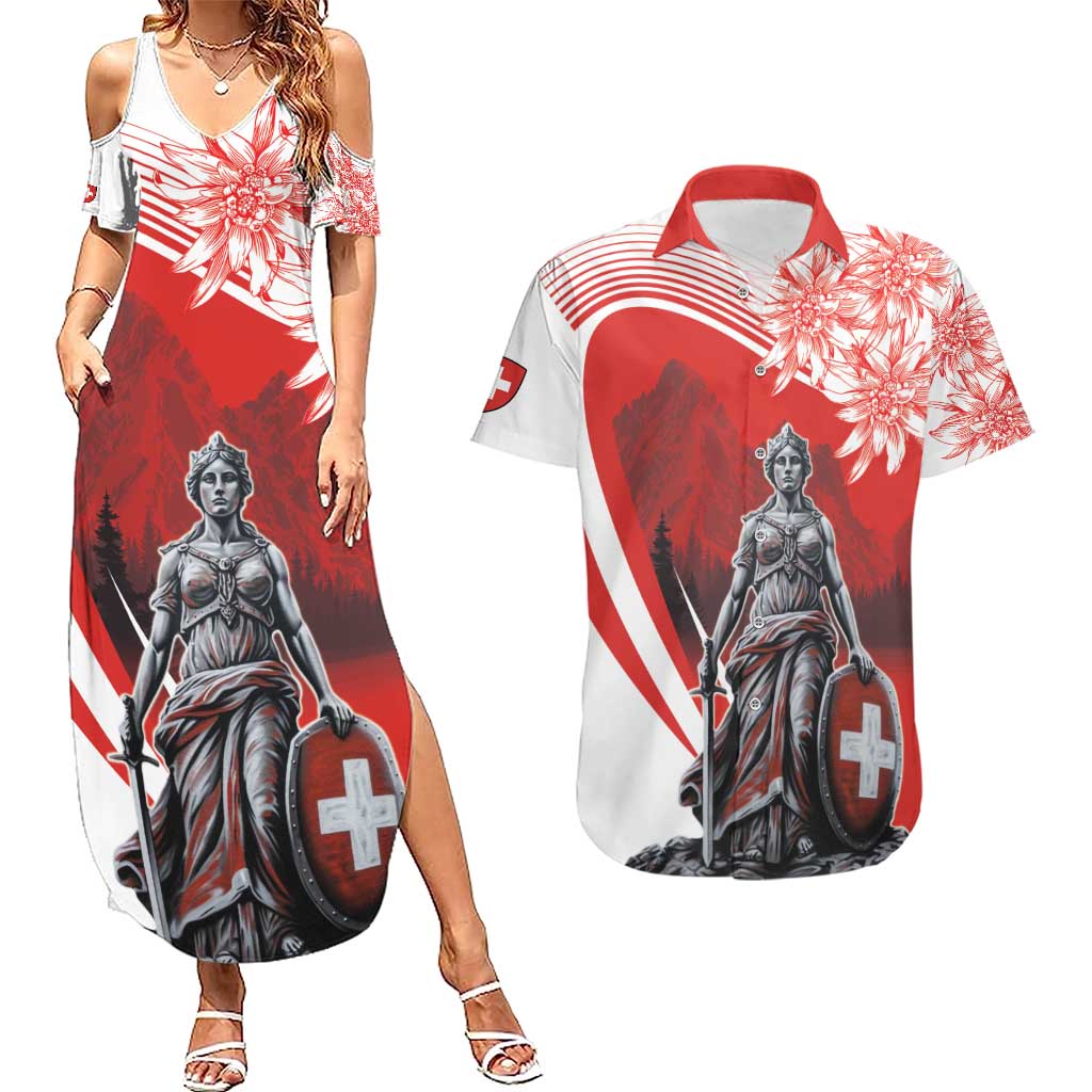 Switzerland Swiss National Day Couples Matching Summer Maxi Dress and Hawaiian Shirt Helvetia Matterhorn