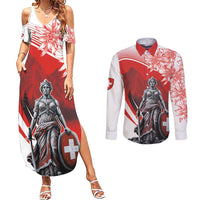 Switzerland Swiss National Day Couples Matching Summer Maxi Dress and Long Sleeve Button Shirt Helvetia Matterhorn