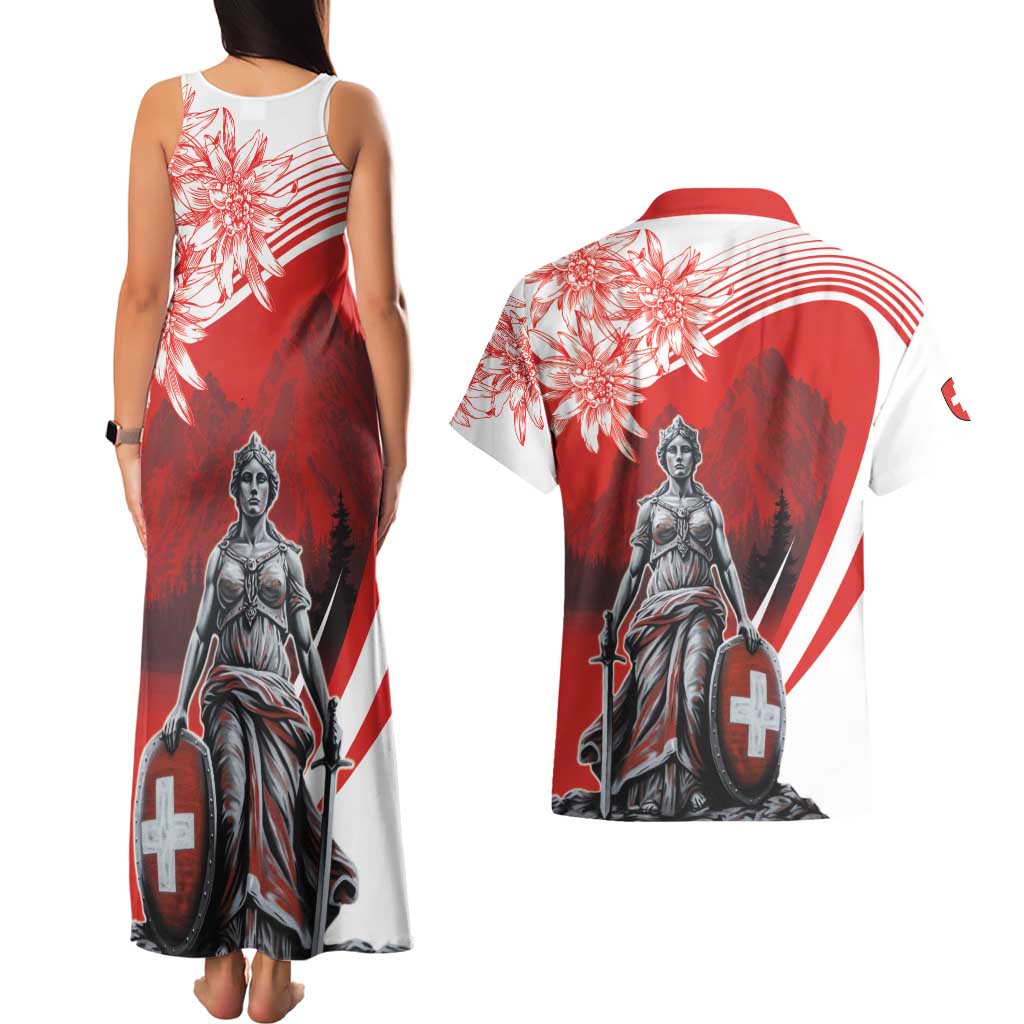Switzerland Swiss National Day Couples Matching Tank Maxi Dress and Hawaiian Shirt Helvetia Matterhorn