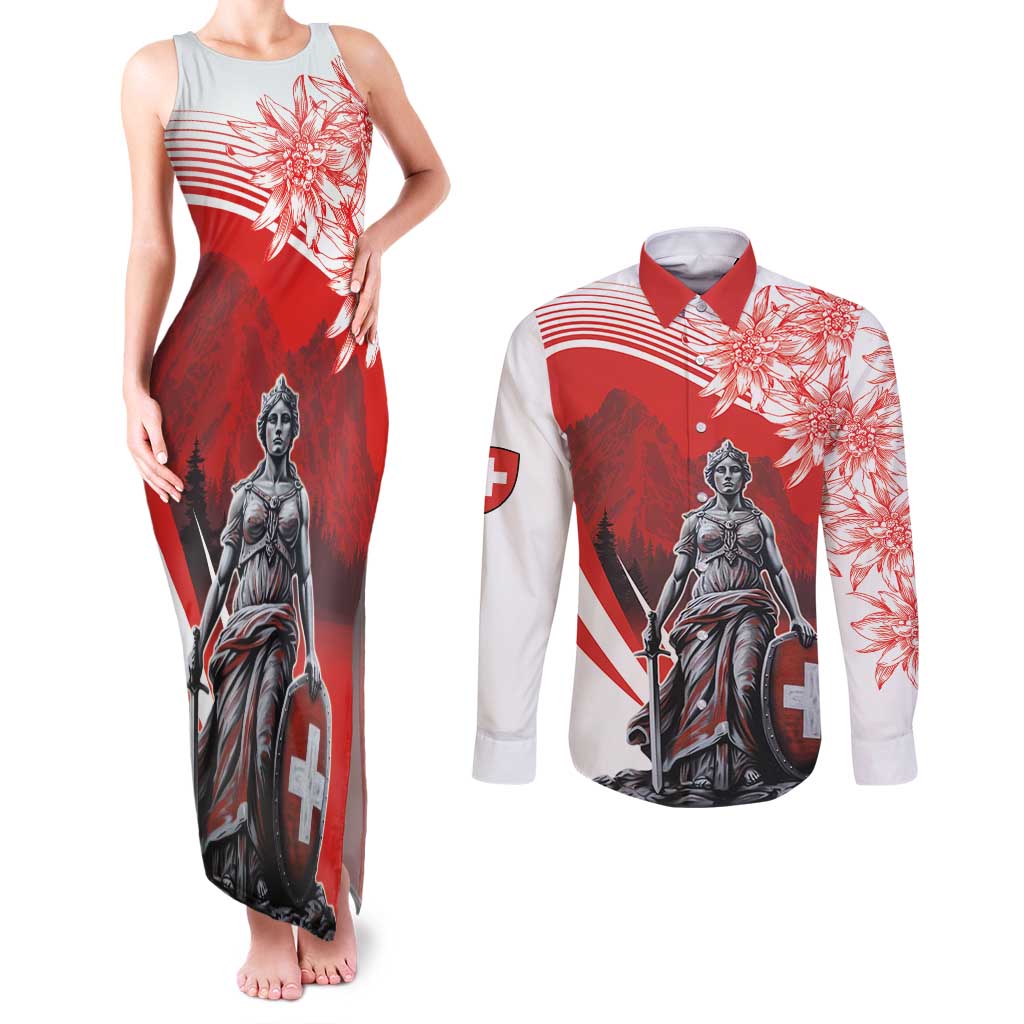 Switzerland Swiss National Day Couples Matching Tank Maxi Dress and Long Sleeve Button Shirt Helvetia Matterhorn