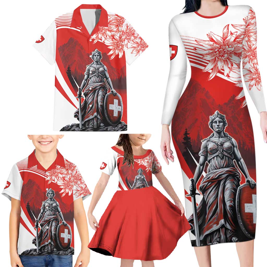 Switzerland Swiss National Day Family Matching Long Sleeve Bodycon Dress and Hawaiian Shirt Helvetia Matterhorn