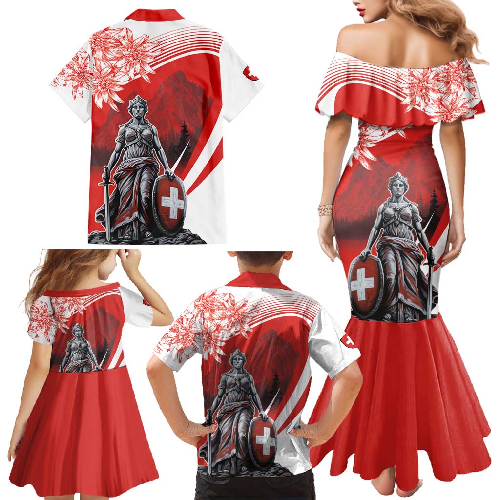 Switzerland Swiss National Day Family Matching Mermaid Dress and Hawaiian Shirt Helvetia Matterhorn