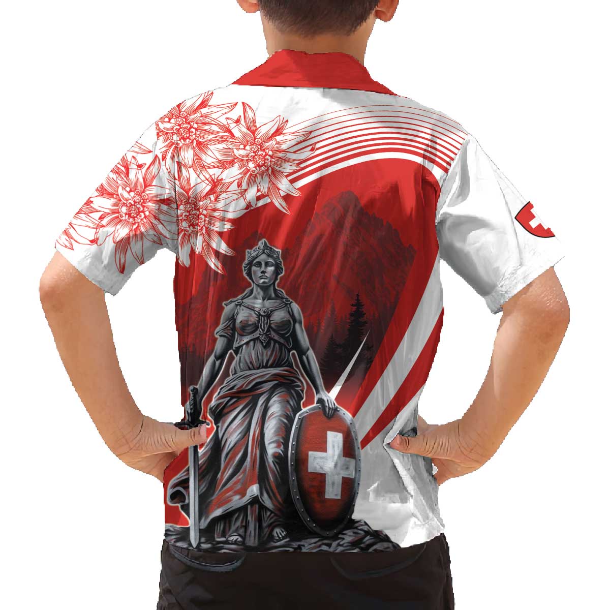 Switzerland Swiss National Day Family Matching Off The Shoulder Long Sleeve Dress and Hawaiian Shirt Helvetia Matterhorn