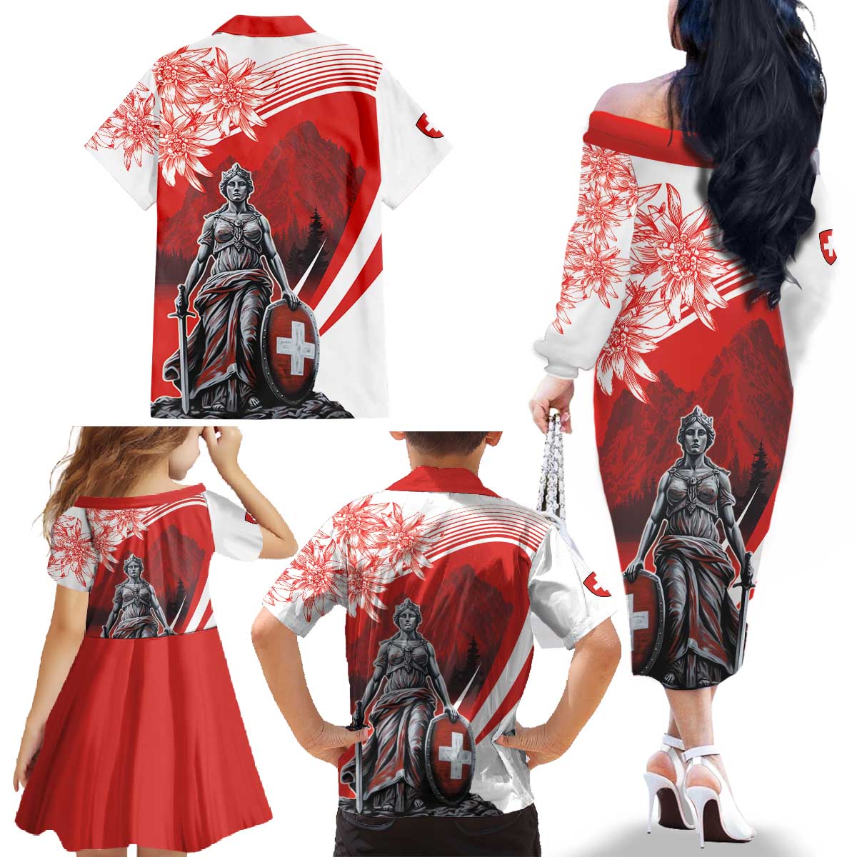 Switzerland Swiss National Day Family Matching Off The Shoulder Long Sleeve Dress and Hawaiian Shirt Helvetia Matterhorn
