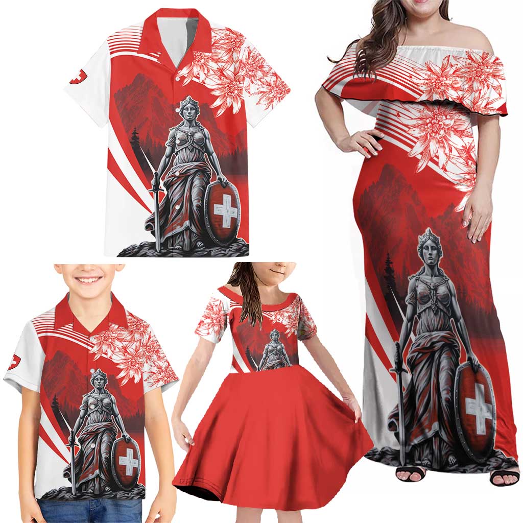 Switzerland Swiss National Day Family Matching Off Shoulder Maxi Dress and Hawaiian Shirt Helvetia Matterhorn