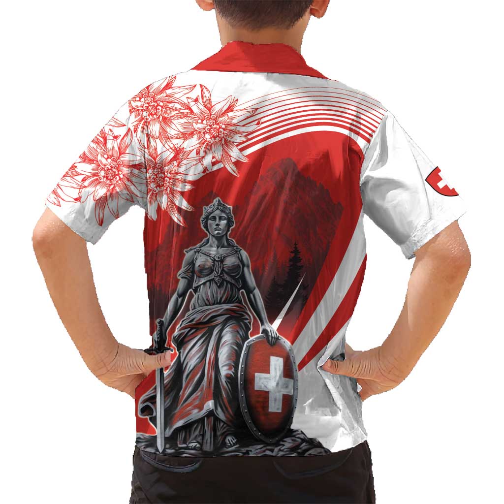 Switzerland Swiss National Day Family Matching Off Shoulder Short Dress and Hawaiian Shirt Helvetia Matterhorn