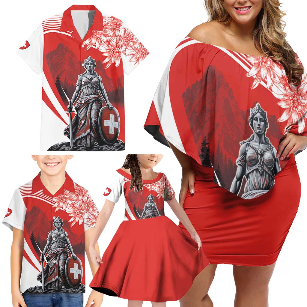 Switzerland Swiss National Day Family Matching Off Shoulder Short Dress and Hawaiian Shirt Helvetia Matterhorn
