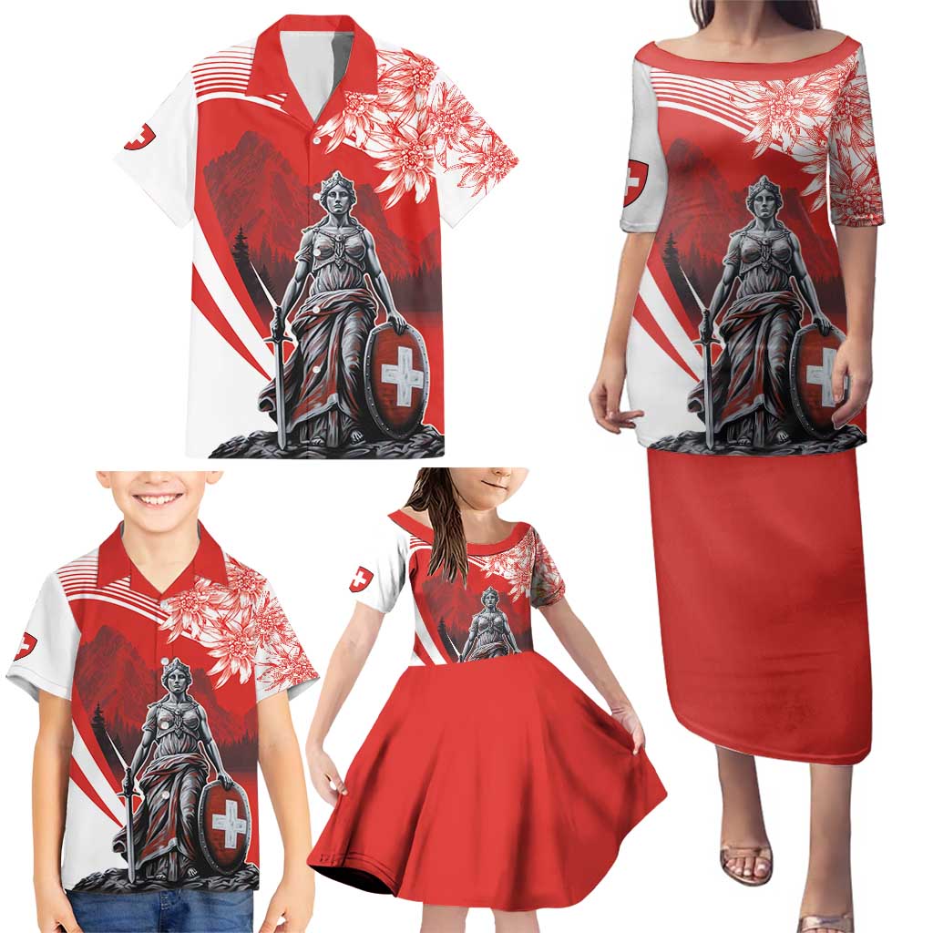 Switzerland Swiss National Day Family Matching Puletasi and Hawaiian Shirt Helvetia Matterhorn