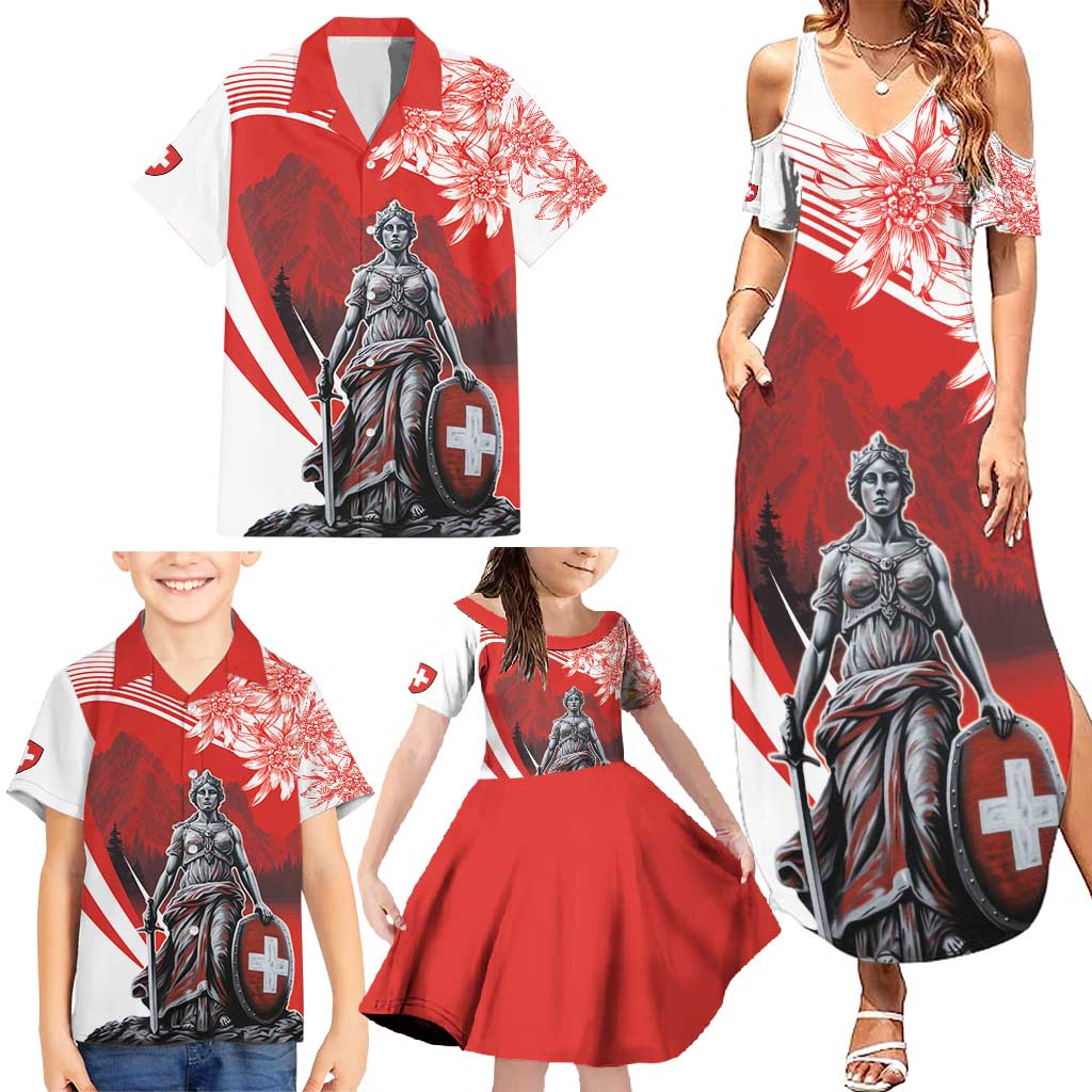 Switzerland Swiss National Day Family Matching Summer Maxi Dress and Hawaiian Shirt Helvetia Matterhorn