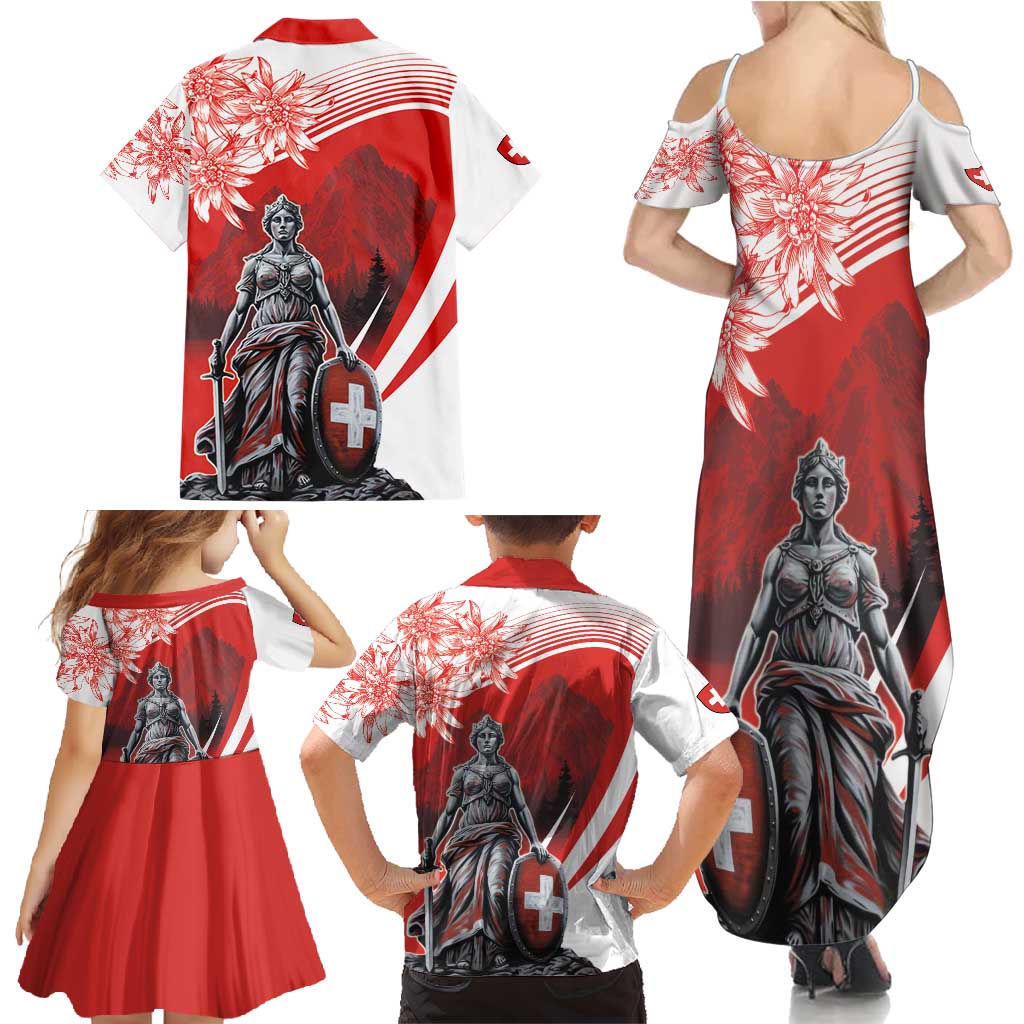 Switzerland Swiss National Day Family Matching Summer Maxi Dress and Hawaiian Shirt Helvetia Matterhorn