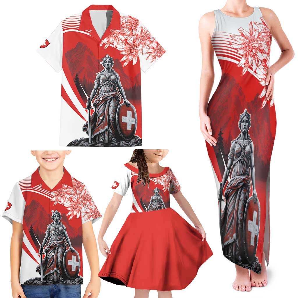 Switzerland Swiss National Day Family Matching Tank Maxi Dress and Hawaiian Shirt Helvetia Matterhorn