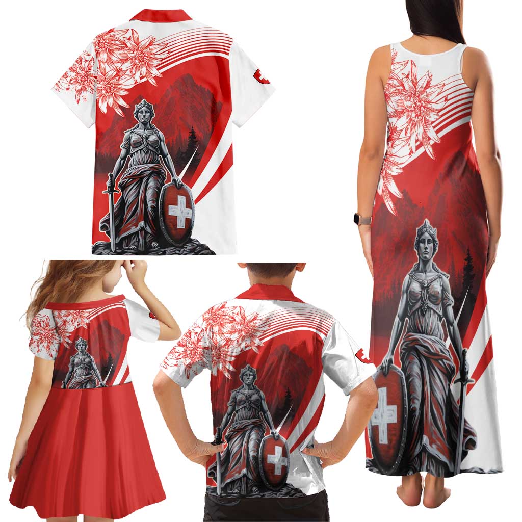 Switzerland Swiss National Day Family Matching Tank Maxi Dress and Hawaiian Shirt Helvetia Matterhorn