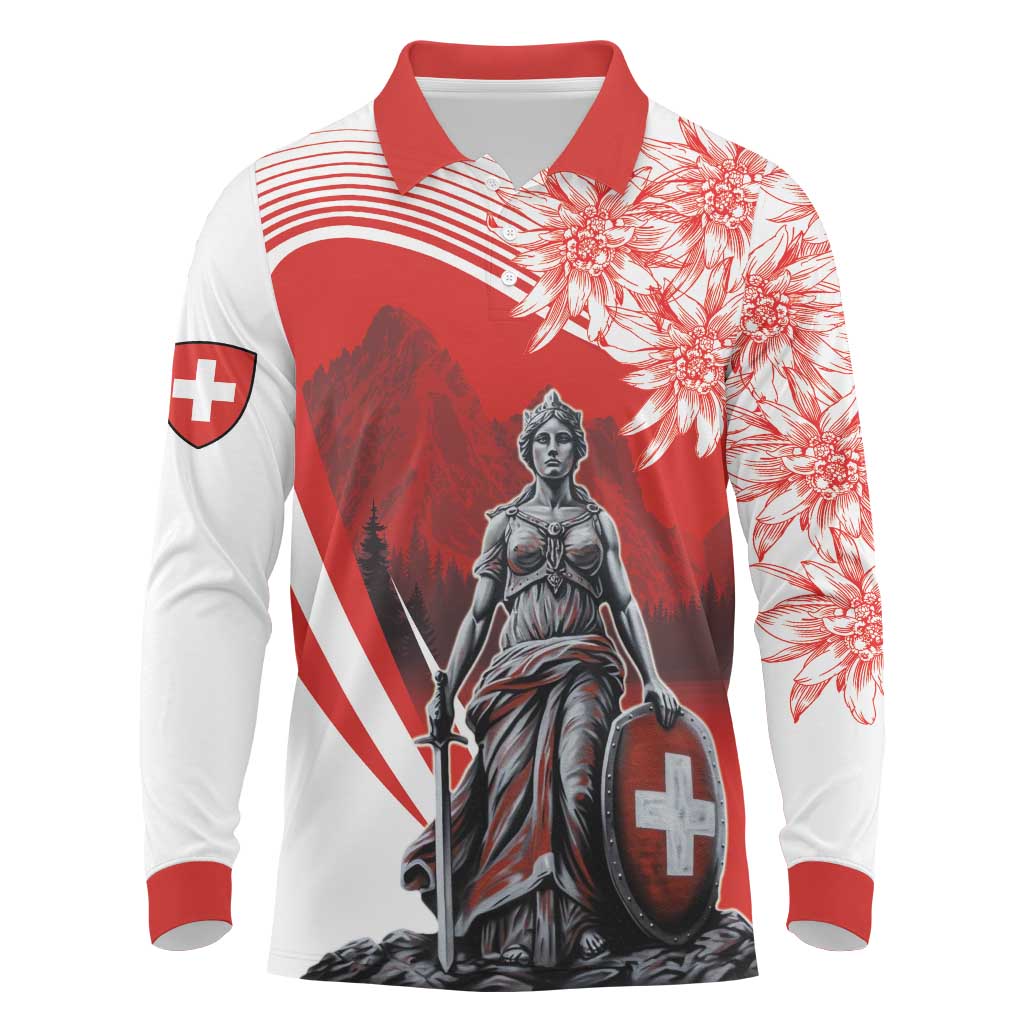 Switzerland Swiss National Day Long Sleeve Polo Shirt Helvetia Matterhorn